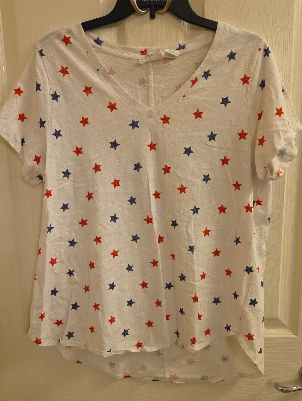Cynthia Rowley White V-Neck Tee with Red & Blue Star Print